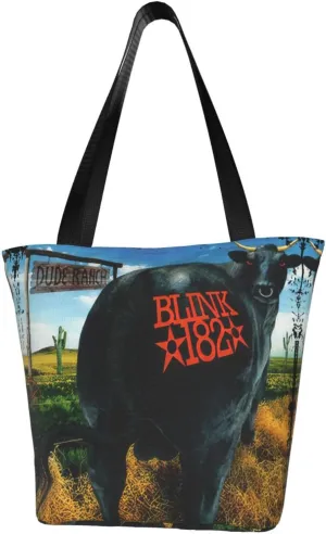 Blink Classic Rock 182 Reusable Grocery Bag Shopping Bags Tote Bags with Zipper Womans Shoulder Bag for Party Storage Bag Stylish Daily Bag Large Capacity Handbag for Kitchen
