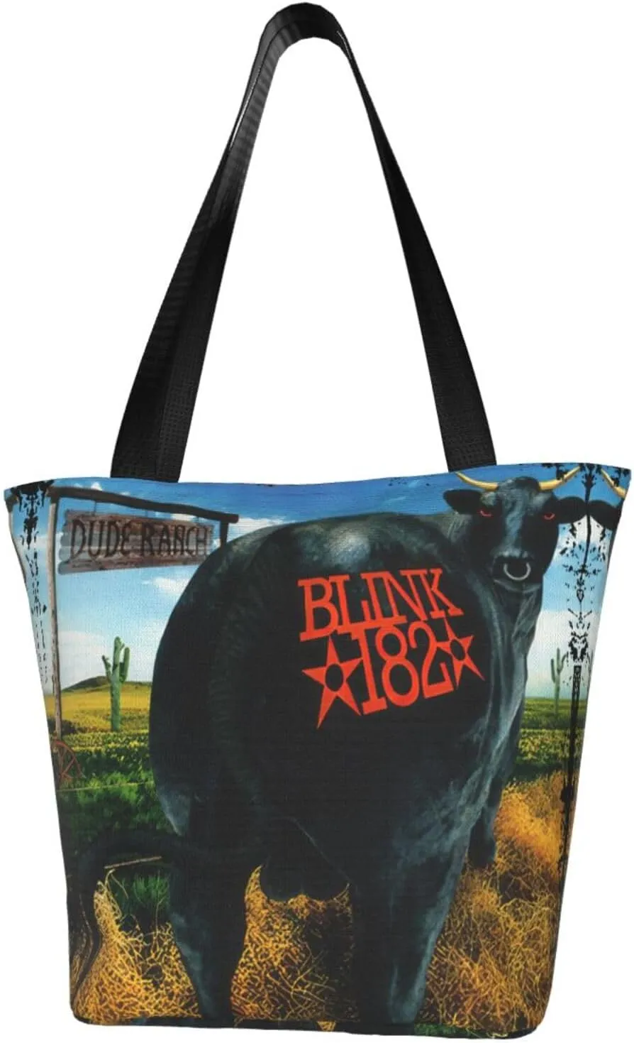 Blink Classic Rock 182 Reusable Grocery Bag Shopping Bags Tote Bags with Zipper Womans Shoulder Bag for Party Storage Bag Stylish Daily Bag Large Capacity Handbag for Kitchen