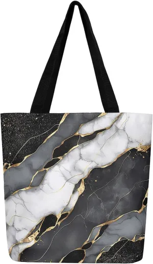 Blue Marble Canvas Tote Bag Modern Golden Glitter Tote Bag iquid Quicksand Abstract Marbling Shopping Grocery Bags