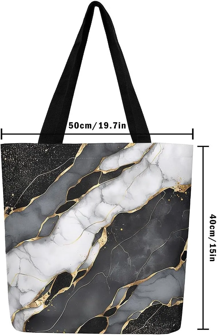 Blue Marble Canvas Tote Bag Modern Golden Glitter Tote Bag iquid Quicksand Abstract Marbling Shopping Grocery Bags
