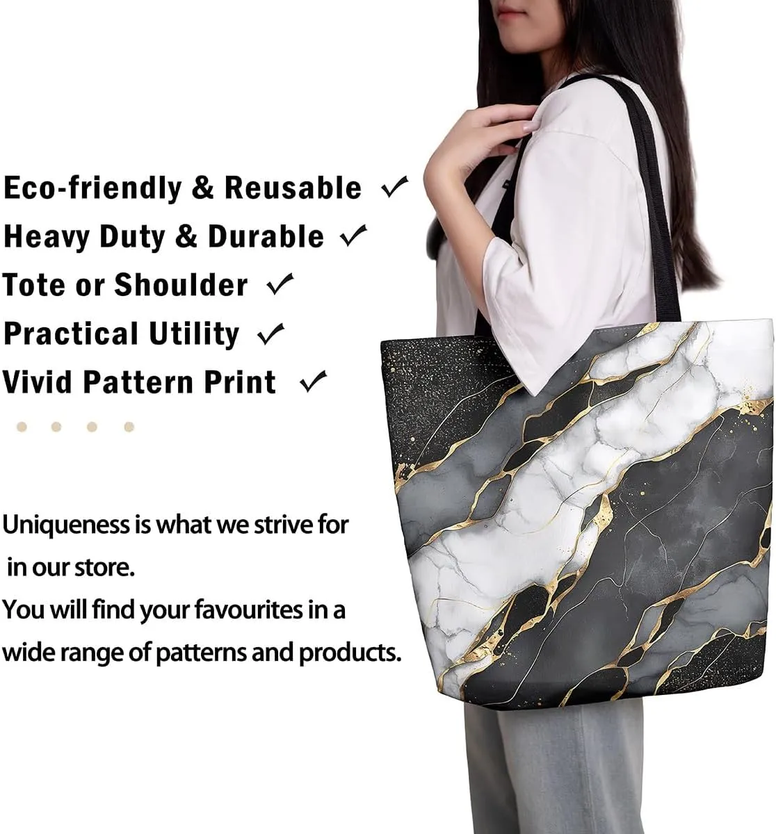 Blue Marble Canvas Tote Bag Modern Golden Glitter Tote Bag iquid Quicksand Abstract Marbling Shopping Grocery Bags