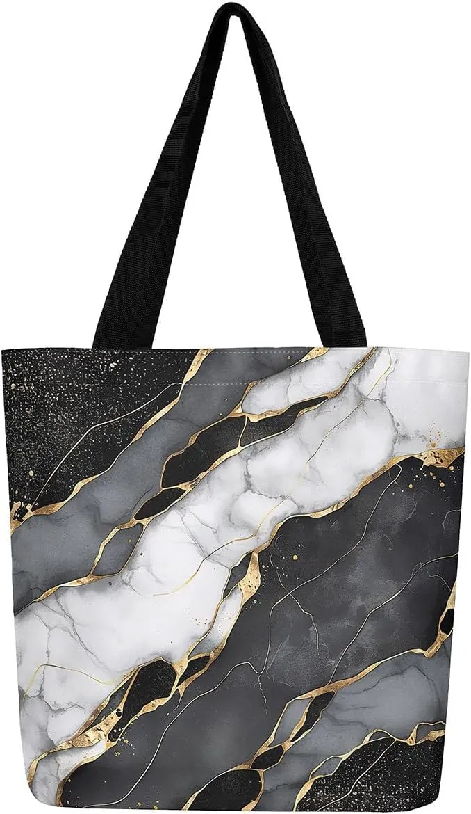 Blue Marble Canvas Tote Bag Modern Golden Glitter Tote Bag iquid Quicksand Abstract Marbling Shopping Grocery Bags