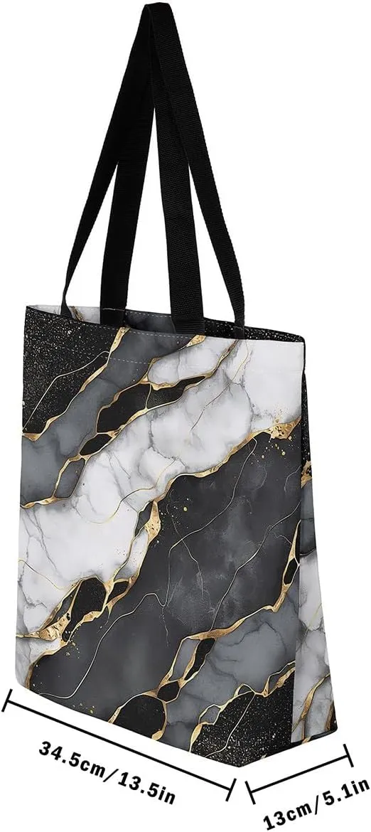 Blue Marble Canvas Tote Bag Modern Golden Glitter Tote Bag iquid Quicksand Abstract Marbling Shopping Grocery Bags