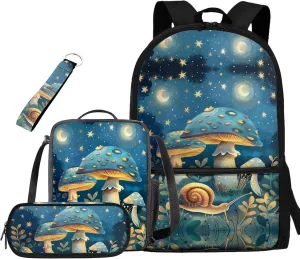 Blue Mushroom Middle School Backpacks for Teen Girls Snail School Backpack for Kids Moon School Backpack Picnic Pouch Lunch Box with Water Bottle Holder Pencil Bag Keychain