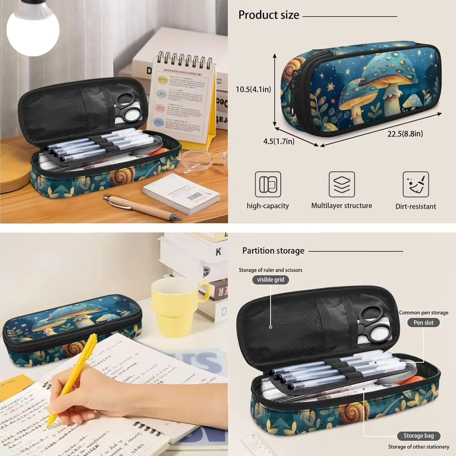 Blue Mushroom Middle School Backpacks for Teen Girls Snail School Backpack for Kids Moon School Backpack Picnic Pouch Lunch Box with Water Bottle Holder Pencil Bag Keychain