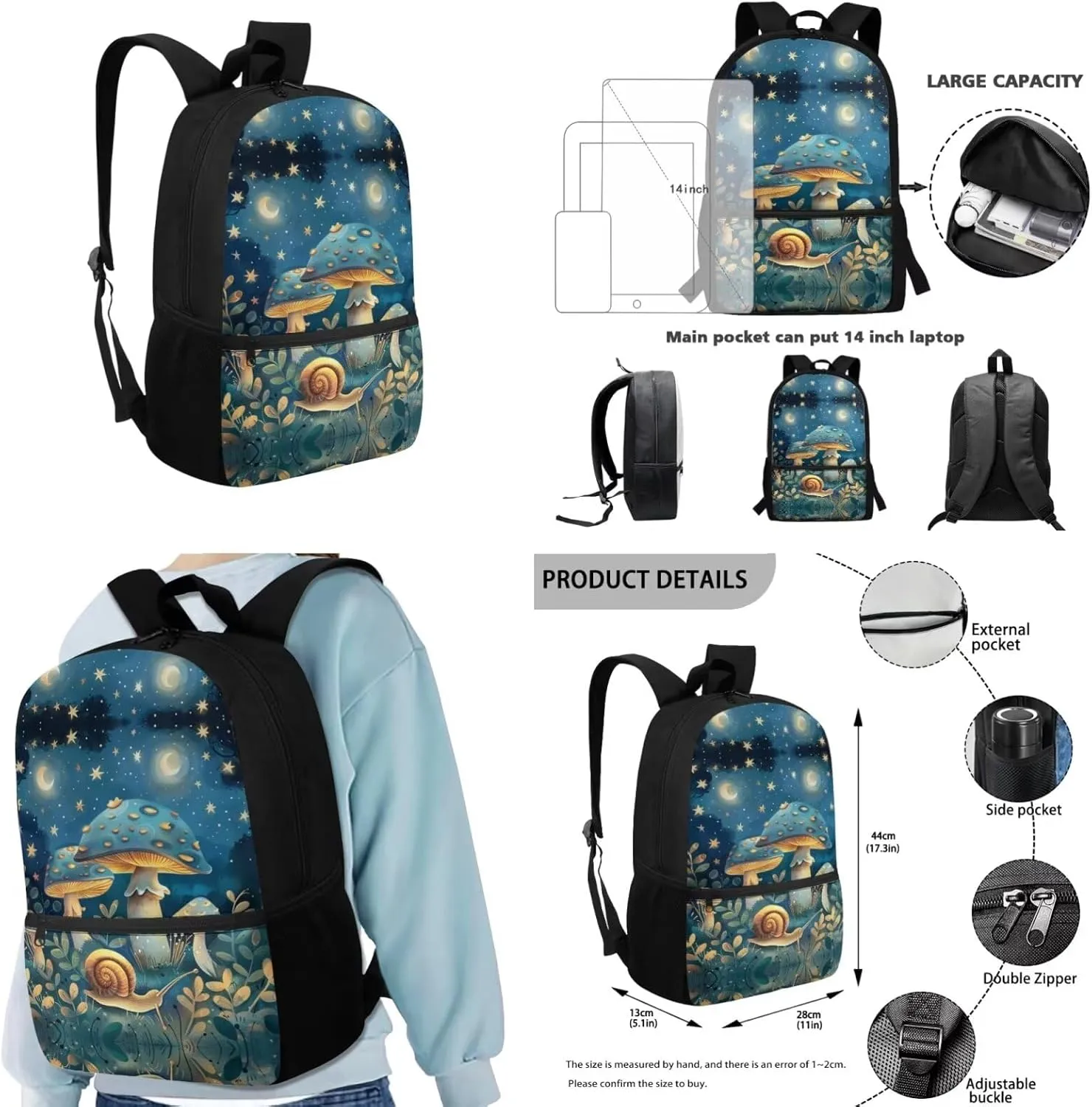 Blue Mushroom Middle School Backpacks for Teen Girls Snail School Backpack for Kids Moon School Backpack Picnic Pouch Lunch Box with Water Bottle Holder Pencil Bag Keychain