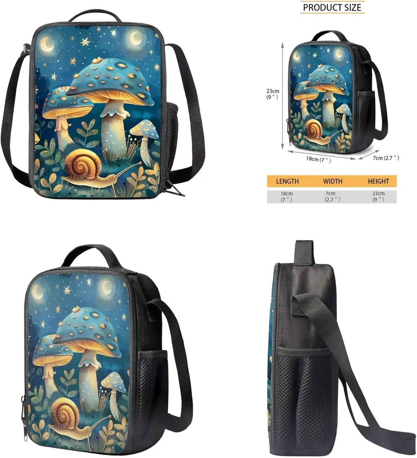 Blue Mushroom Middle School Backpacks for Teen Girls Snail School Backpack for Kids Moon School Backpack Picnic Pouch Lunch Box with Water Bottle Holder Pencil Bag Keychain