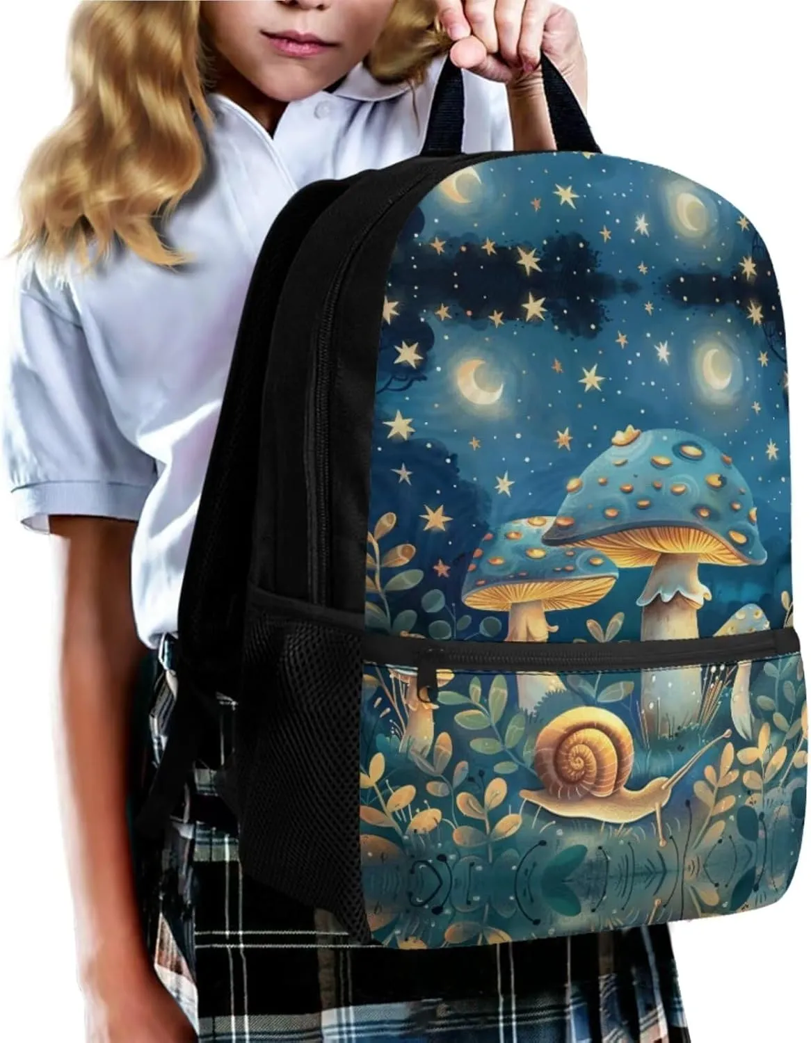 Blue Mushroom Middle School Backpacks for Teen Girls Snail School Backpack for Kids Moon School Backpack Picnic Pouch Lunch Box with Water Bottle Holder Pencil Bag Keychain