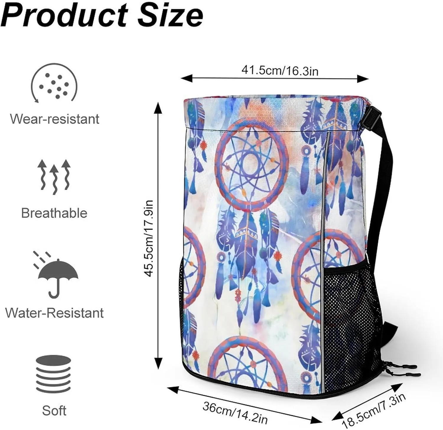 Blue Watercolor Dreamcatcher Modern Boho Sports Bundle Pocket Wet Dry Separation Backpack