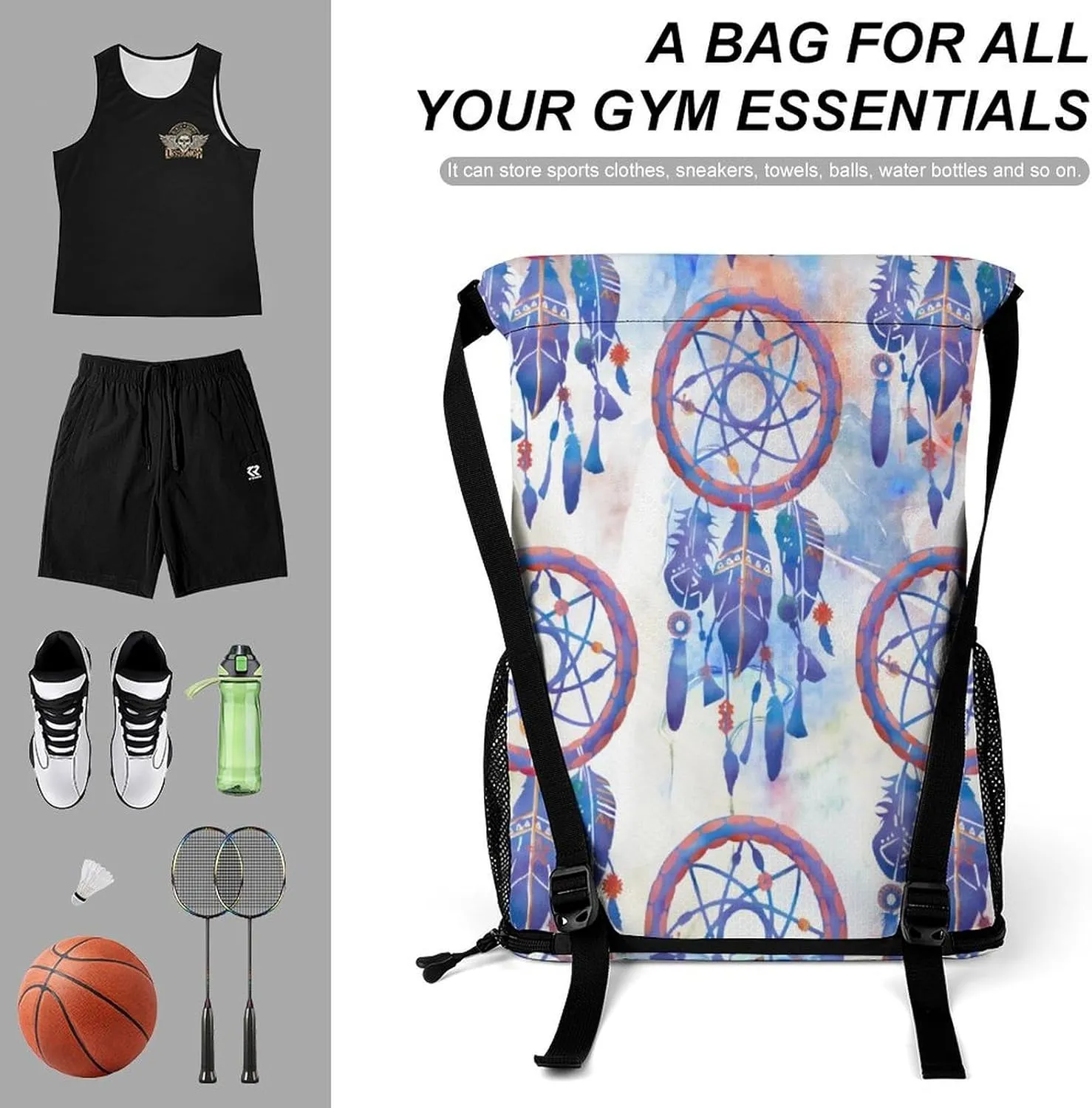 Blue Watercolor Dreamcatcher Modern Boho Sports Bundle Pocket Wet Dry Separation Backpack