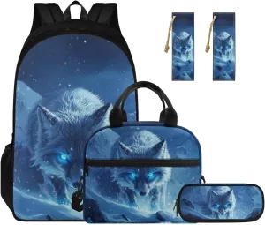 Blue Wolf Preschool Backpack and Lunch Box Set Girls 17 Inch Kids School Backpack Boys 7-8 Lightweight 4 In 1 Set Laptop Pencil Case Organizer Personalized Bookmark
