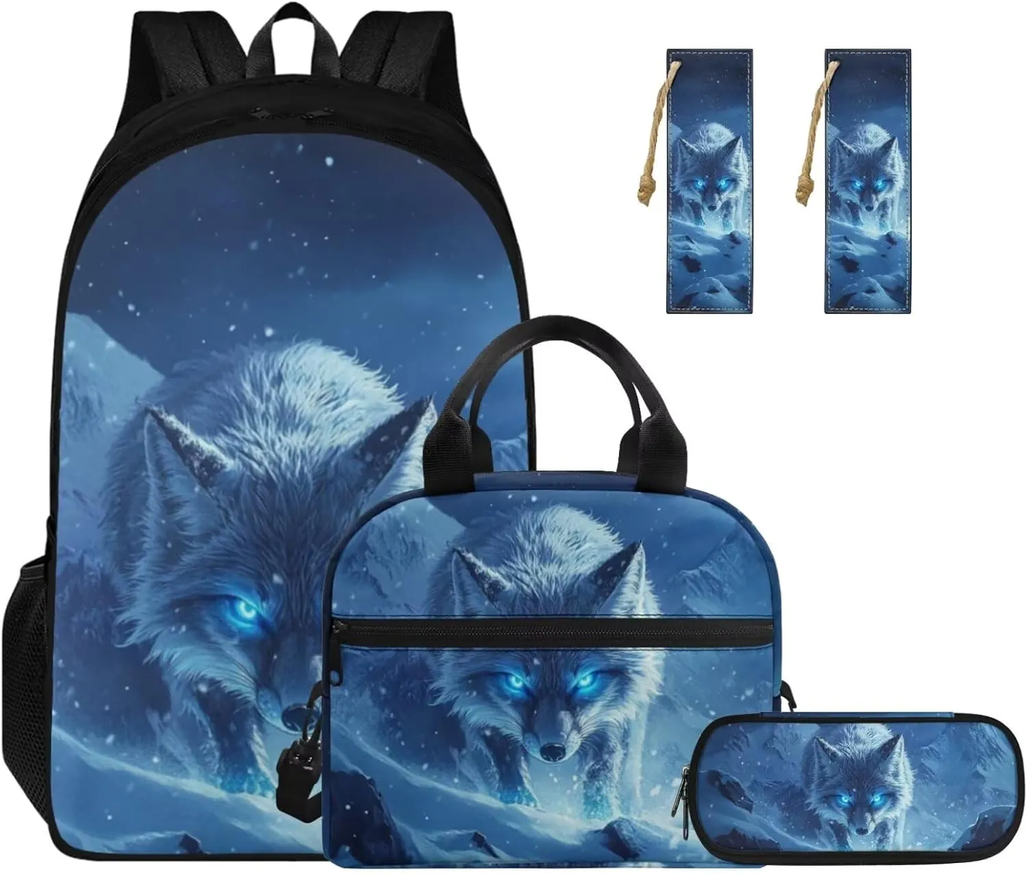 Blue Wolf Preschool Backpack and Lunch Box Set Girls 17 Inch Kids School Backpack Boys 7-8 Lightweight 4 In 1 Set Laptop Pencil Case Organizer Personalized Bookmark
