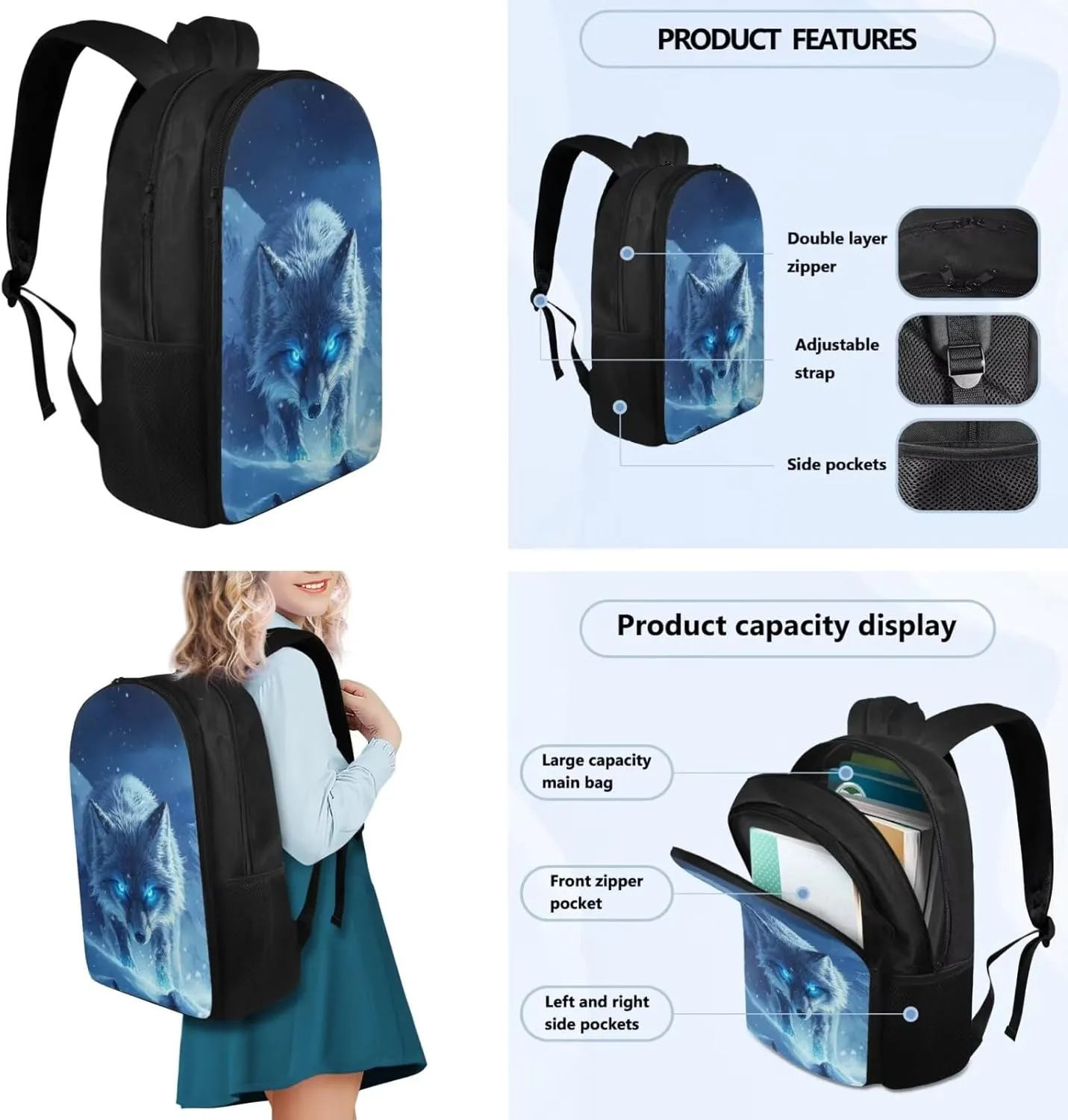 Blue Wolf Preschool Backpack and Lunch Box Set Girls 17 Inch Kids School Backpack Boys 7-8 Lightweight 4 In 1 Set Laptop Pencil Case Organizer Personalized Bookmark