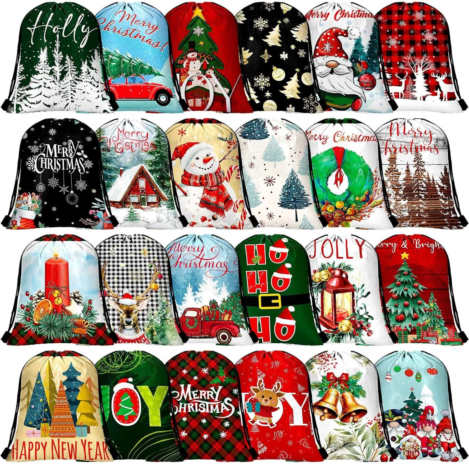 Boao 24 Pcs Christmas Party Favor Bags 11.8 Inch Christmas Drawstring Backpacks Gift Goodie Cookie Treat Snack Bags for Xmas Holiday Presents Party Favor Wrapping Decorations Supplies