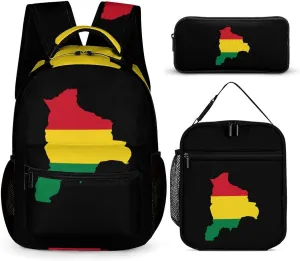 Bolivia Map Flag Funny Backpack Set Lunch Bag Pencil Case Bag 3 in 1 for Men Women Travel Backpacks