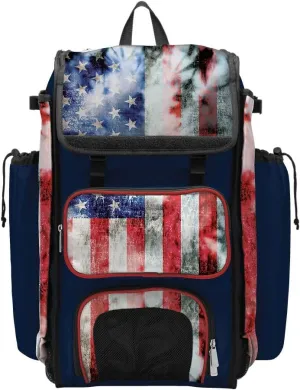 Boombah Catcher's Superpack Bat Bag 23-1/2" x 13-1/2" x 9-1/2" - USA Old Glory Navy/Red/White - Holds 4 Bats - Backpack Version (no Wheels)