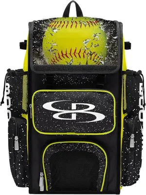 Boombah Superpack Bat Bag - Backpack Version (no wheels) - Holds 4 Bats - Softball Highlight Bat Bag 2.0 Black/Optic Yellow/Red