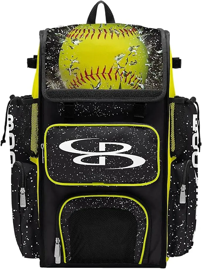 Boombah Superpack Bat Bag - Backpack Version (no wheels) - Holds 4 Bats - Softball Highlight Bat Bag 2.0 Black/Optic Yellow/Red