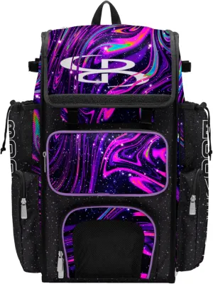 Boombah Superpack Bat Bag - Backpack Version (no wheels) - Holds 4 Bats - Supernova Black/Amethyst Orchid/White