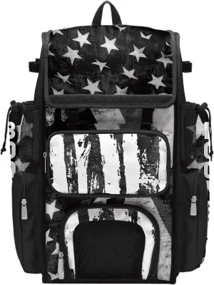 Boombah Superpack Bat Bag - Backpack Version (no wheels) - Holds 4 Bats - USA Stars & Stripes Black Ops Black/White