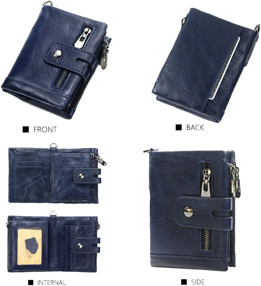 boshiho Real Leather RFID Blocking Bifold Wallets for Men Double Zipper Coin Pocket Purse with Anti-Theft Chain
