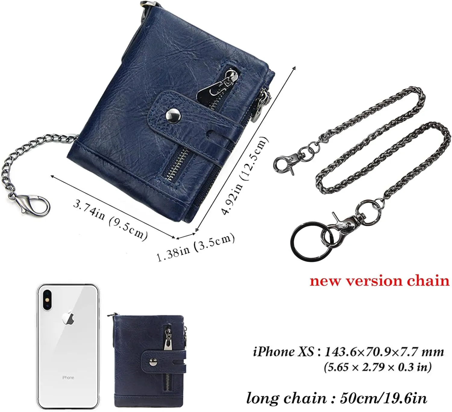boshiho Real Leather RFID Blocking Bifold Wallets for Men Double Zipper Coin Pocket Purse with Anti-Theft Chain