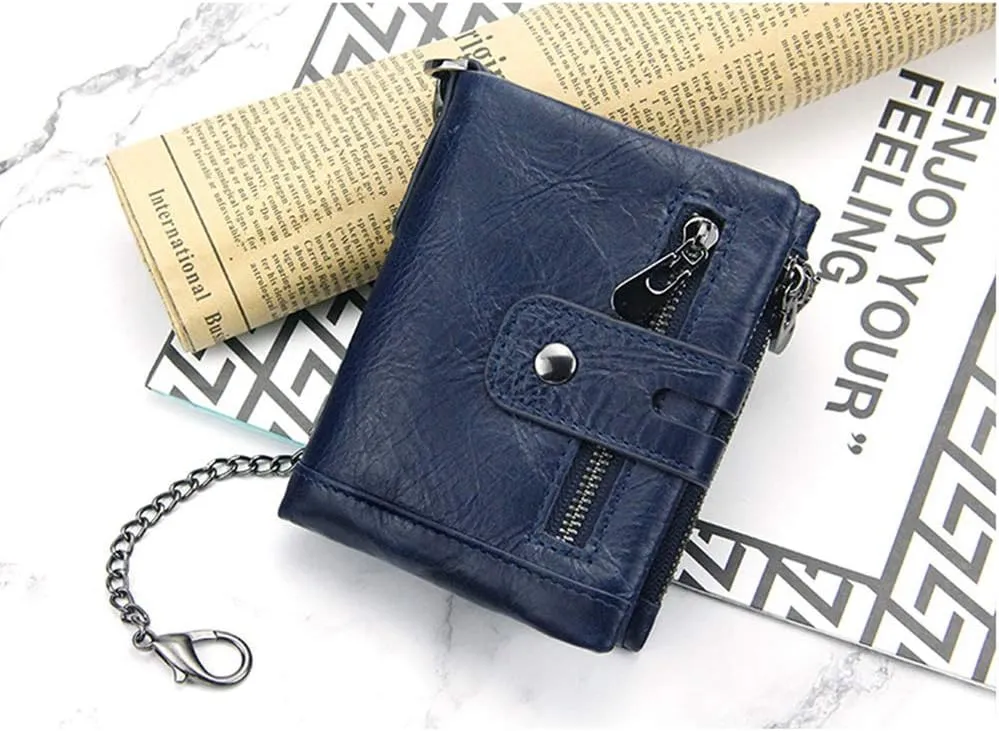 boshiho Real Leather RFID Blocking Bifold Wallets for Men Double Zipper Coin Pocket Purse with Anti-Theft Chain
