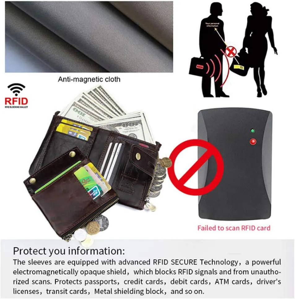boshiho Real Leather RFID Blocking Bifold Wallets for Men Double Zipper Coin Pocket Purse with Anti-Theft Chain