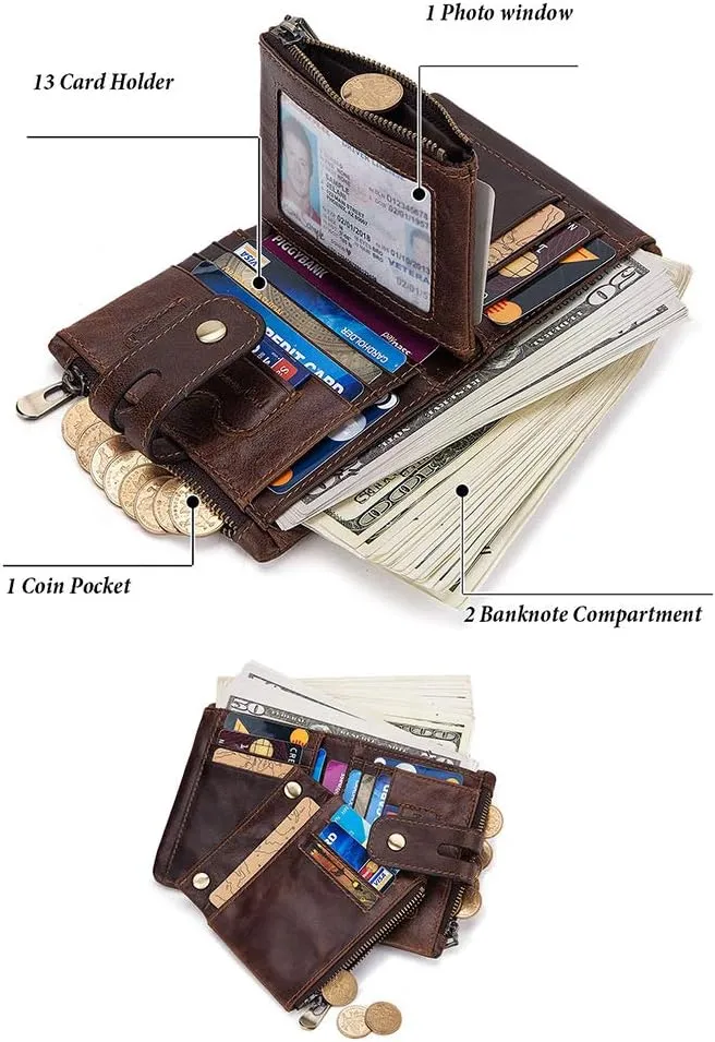 boshiho Real Leather RFID Blocking Bifold Wallets for Men Double Zipper Coin Pocket Purse with Anti-Theft Chain