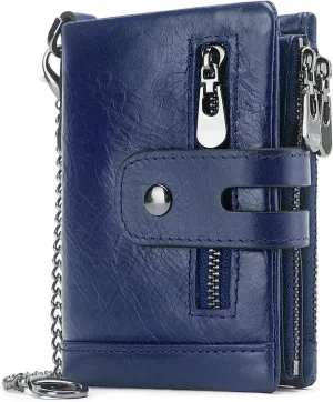 boshiho Real Leather RFID Blocking Bifold Wallets for Men Double Zipper Coin Pocket Purse with Anti-Theft Chain