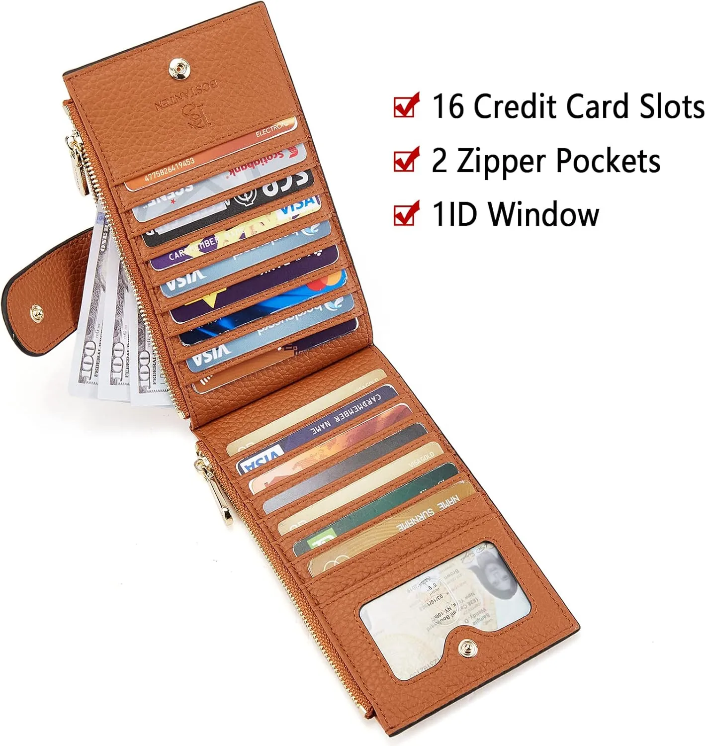 BOSTANTEN Leather Wallets for Women RFID Blocking Slim Bofild Purse Card Holder with Zipper Pocket