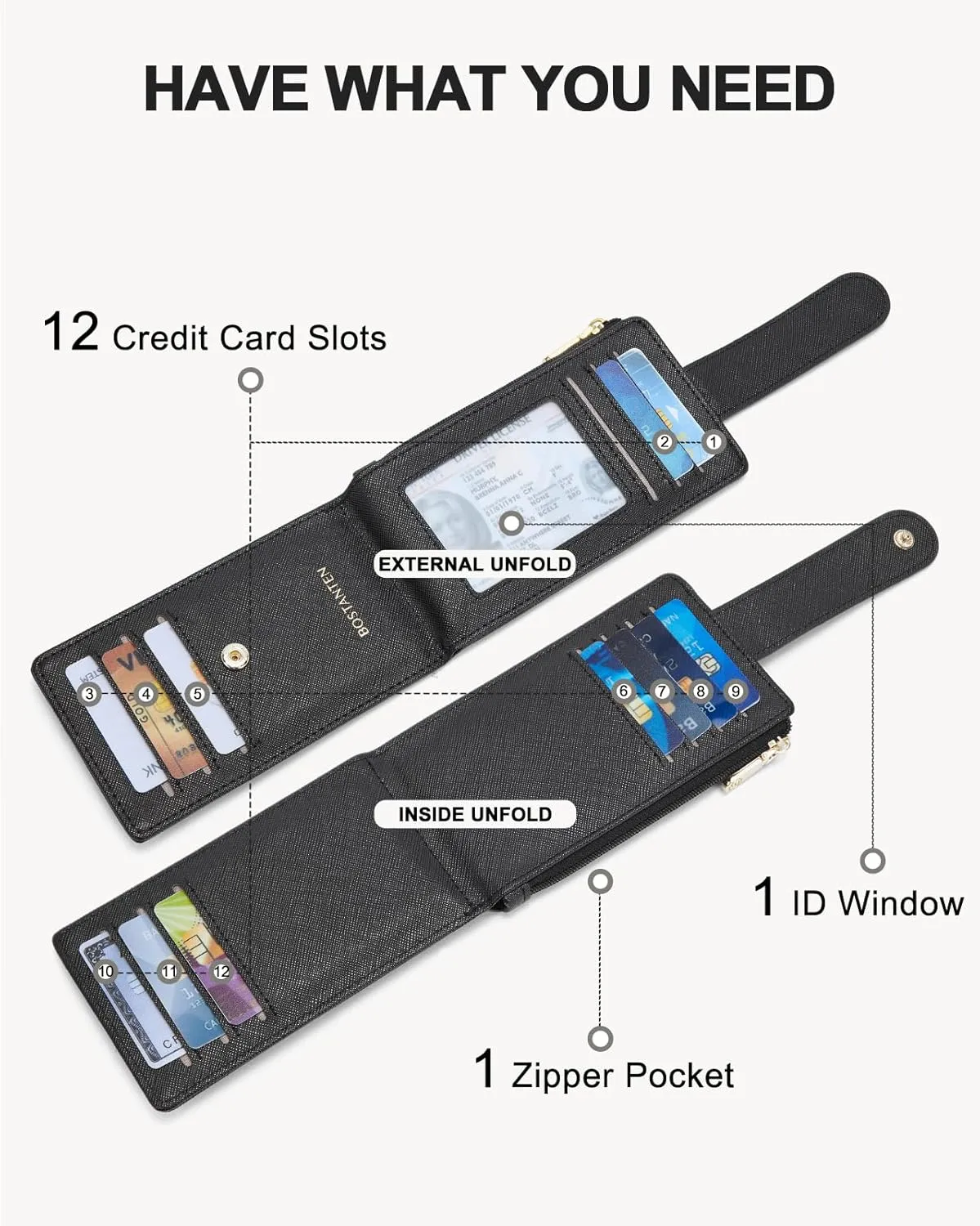 BOSTANTEN Leather Wallets for Women RFID Blocking Slim Bofild Purse Card Holder with Zipper Pocket