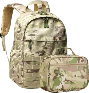 Boys Backpack with Lunch Box, Camo Kids Backpacks for Boys Elementary Middle School Bag Bookbag Outdoor Travel Back Pack (Amy Green Set, Large)