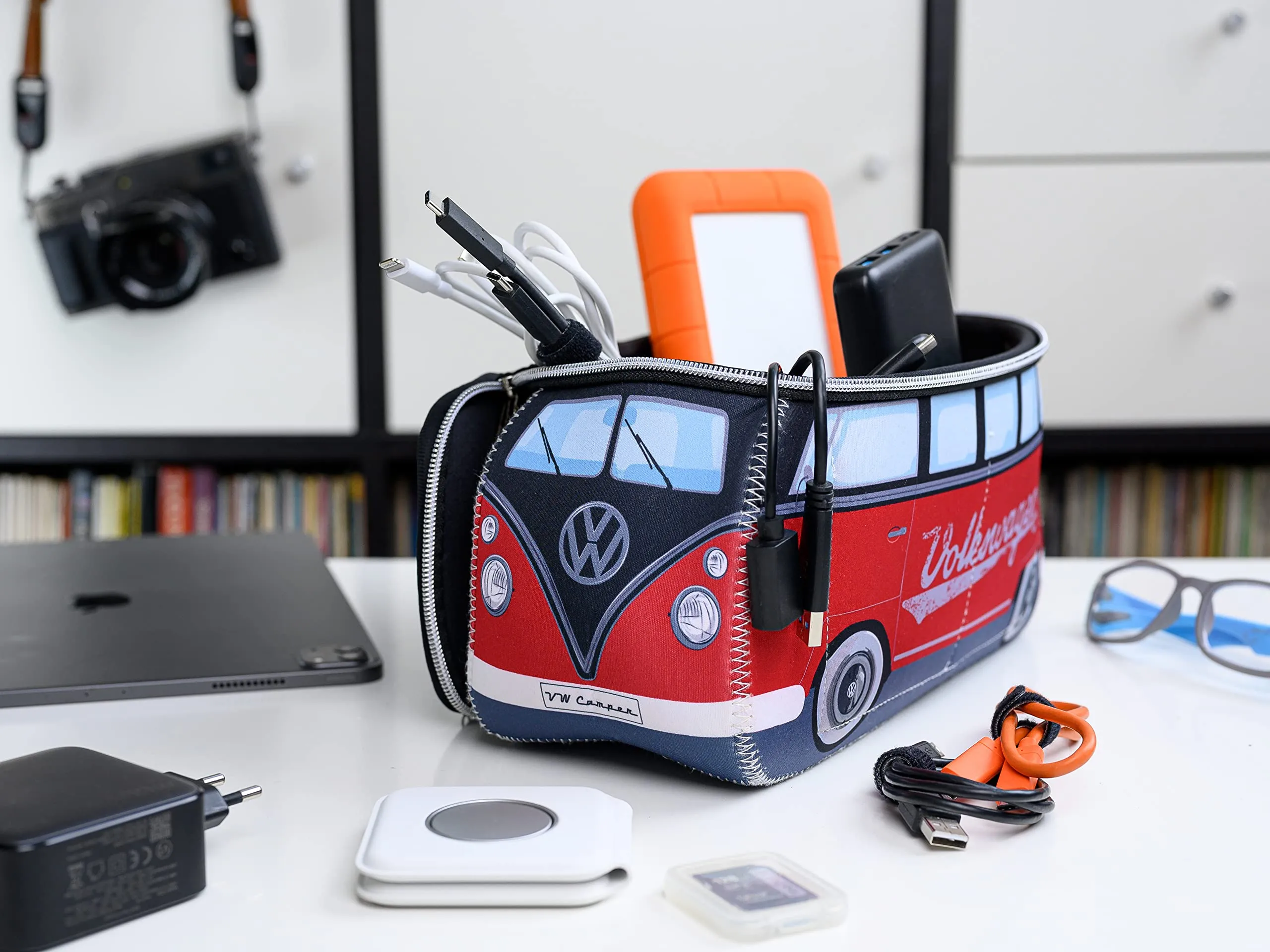 BRISA VW Collection - Volkswagen Neoprene Universal Makeup Cosmetics Toiletry Travel Pharmacy Bag in T1 Bus Design (Red/Black) (Large (11.8 x 5.5 x 4.7 inches))