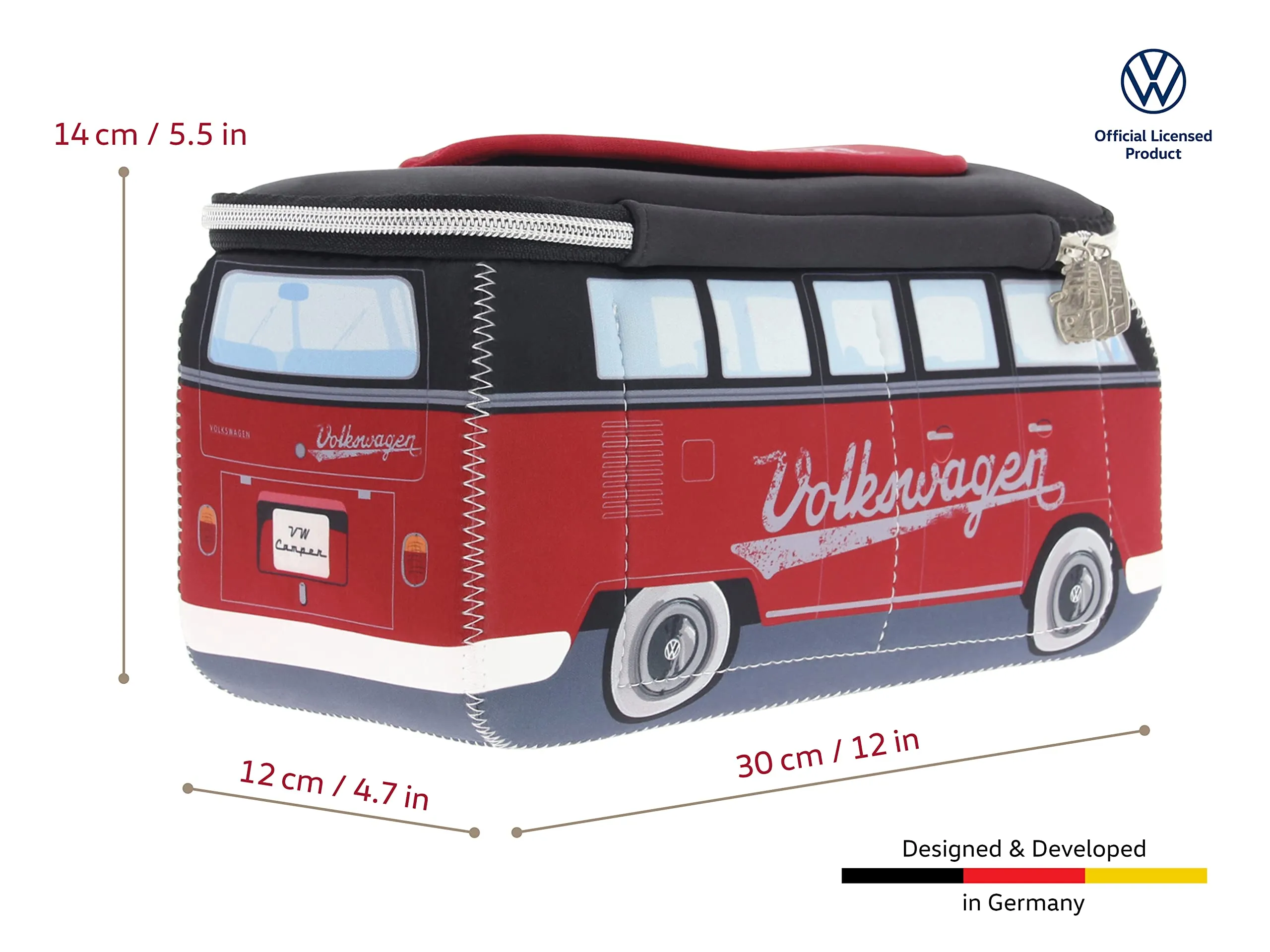 BRISA VW Collection - Volkswagen Neoprene Universal Makeup Cosmetics Toiletry Travel Pharmacy Bag in T1 Bus Design (Red/Black) (Large (11.8 x 5.5 x 4.7 inches))
