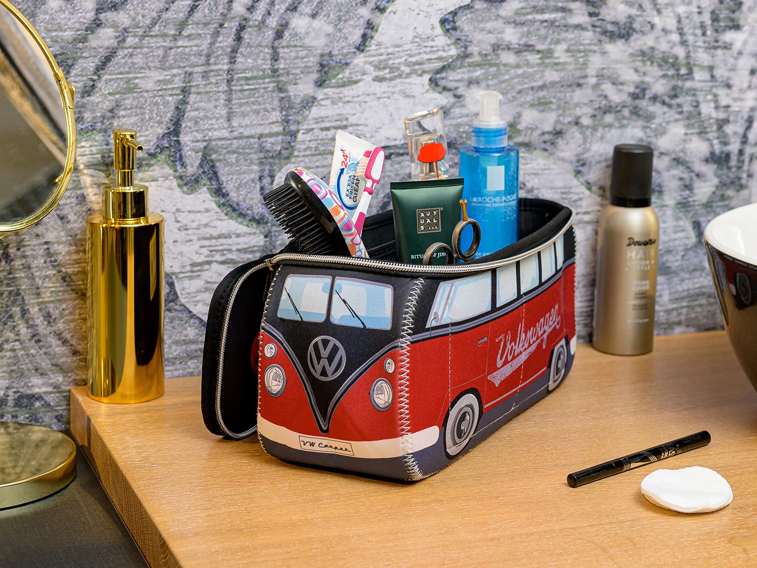 BRISA VW Collection - Volkswagen Neoprene Universal Makeup Cosmetics Toiletry Travel Pharmacy Bag in T1 Bus Design (Red/Black) (Large (11.8 x 5.5 x 4.7 inches))