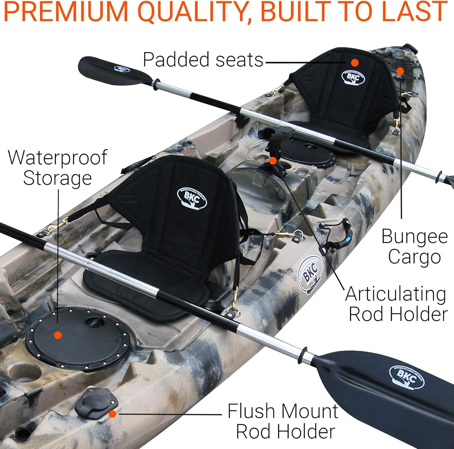 Brooklyn 12.5 Tandem 12 feet 8 inch Kayak W/Padded Seats, Paddles Included 2-3 Person Angler Kayak