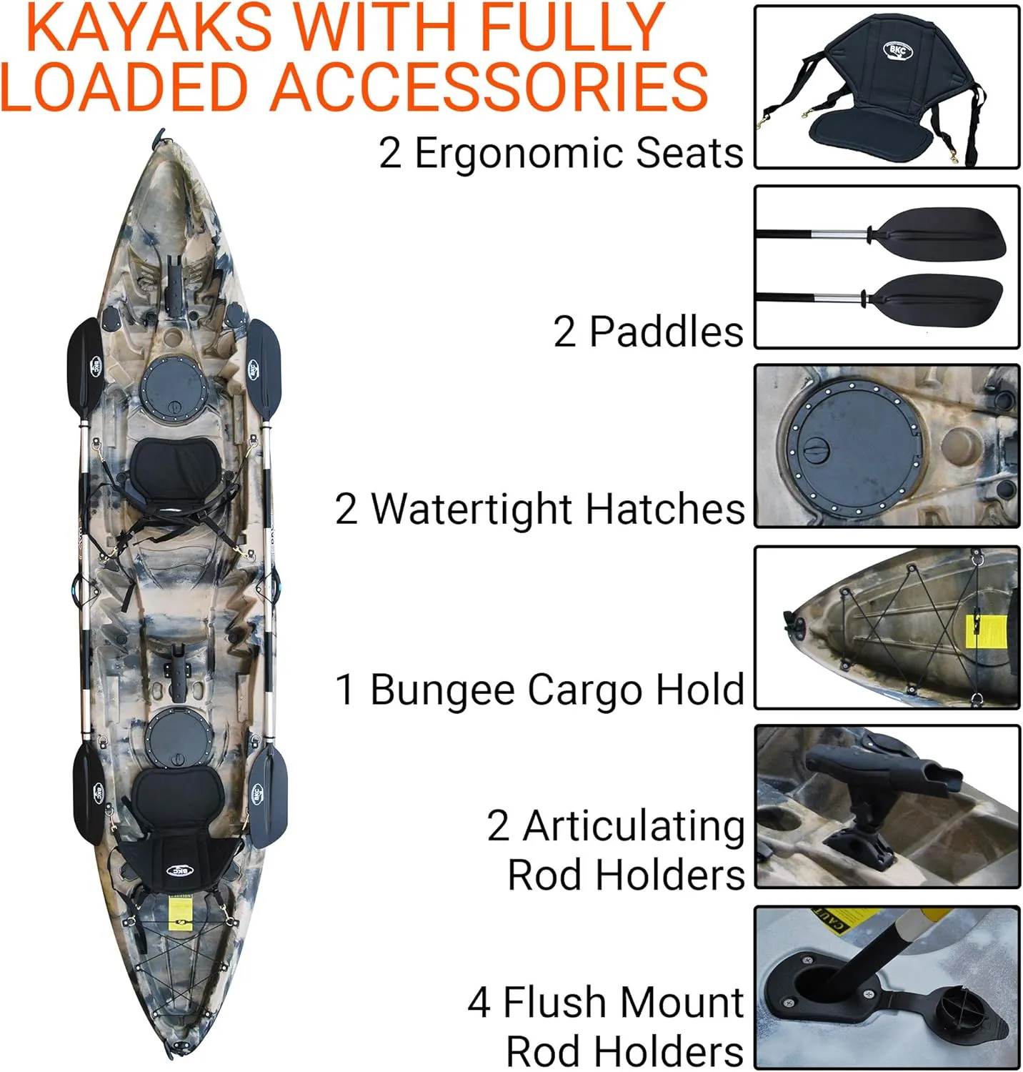 Brooklyn 12.5 Tandem 12 feet 8 inch Kayak W/Padded Seats, Paddles Included 2-3 Person Angler Kayak