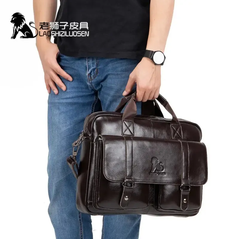 Brown Leather Business Handbag Cowhide for Male Casual Totes