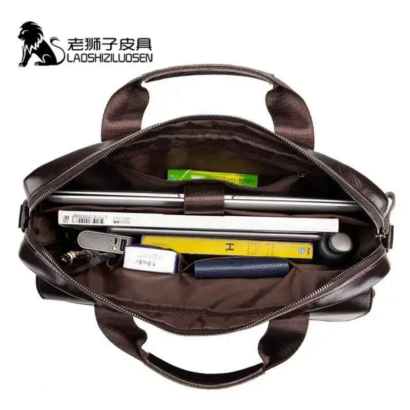 Brown Leather Business Handbag Cowhide for Male Casual Totes