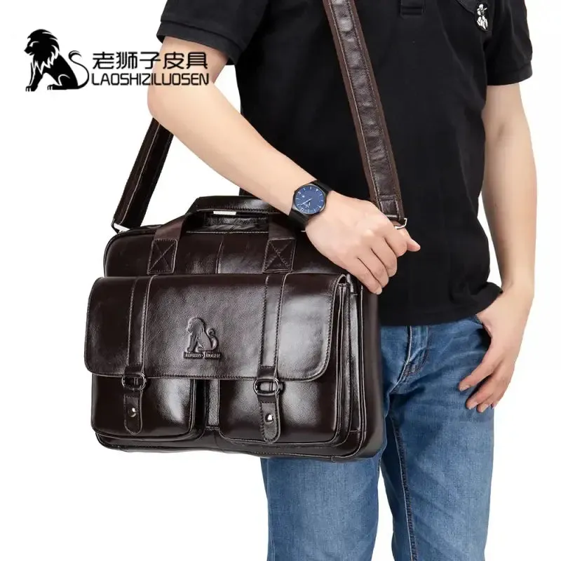 Brown Leather Business Handbag Cowhide for Male Casual Totes