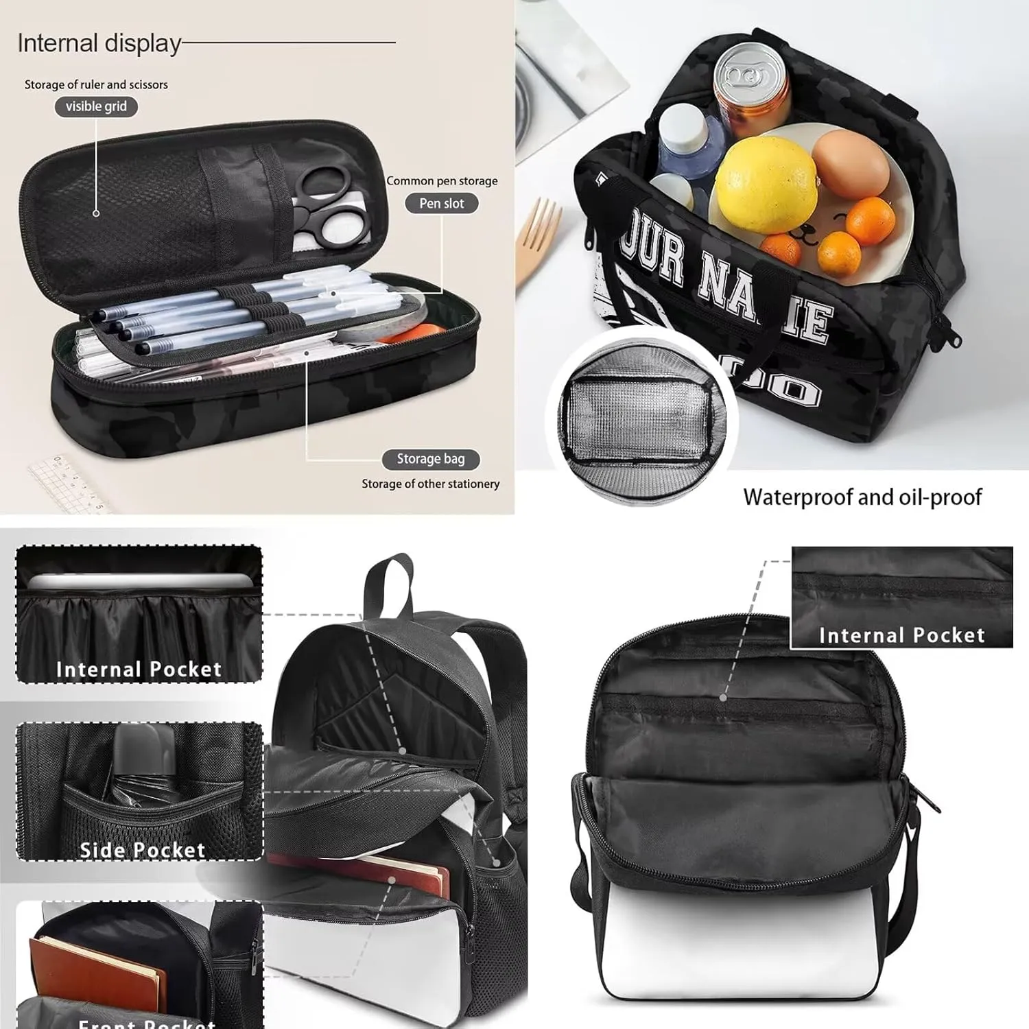 Bulopur 4PCS Kids Customized Hockey School Bags Set, Black Camo Travel Daypack Carry on Backpack Knapsack Lunch Bag Shoulder Crossbody Handbags Pen Bag for Purse Card Wallet