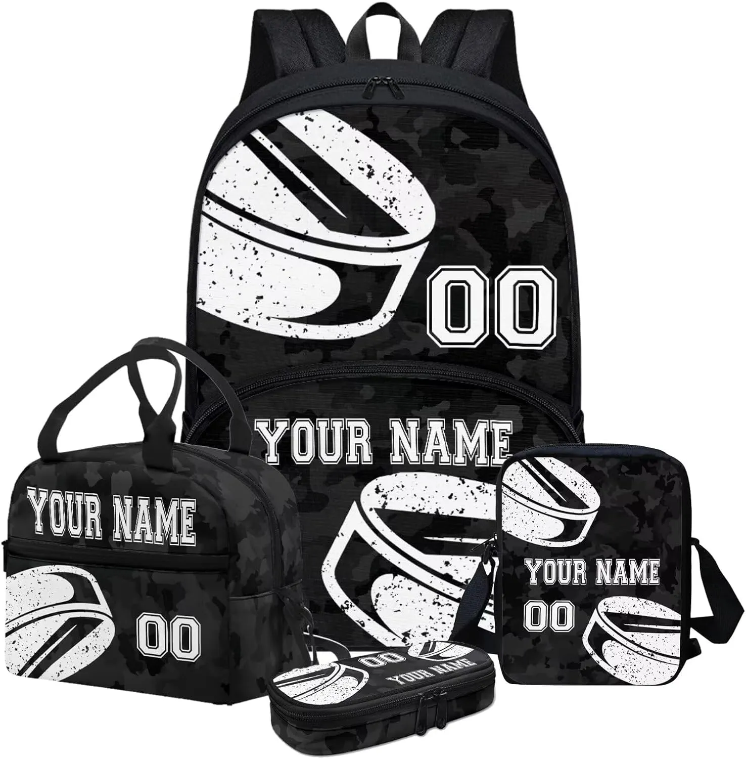 Bulopur 4PCS Kids Customized Hockey School Bags Set, Black Camo Travel Daypack Carry on Backpack Knapsack Lunch Bag Shoulder Crossbody Handbags Pen Bag for Purse Card Wallet