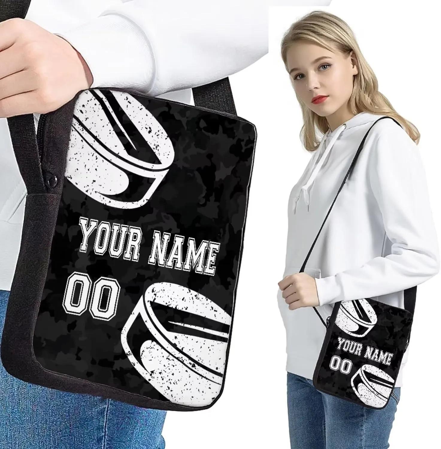 Bulopur 4PCS Kids Customized Hockey School Bags Set, Black Camo Travel Daypack Carry on Backpack Knapsack Lunch Bag Shoulder Crossbody Handbags Pen Bag for Purse Card Wallet