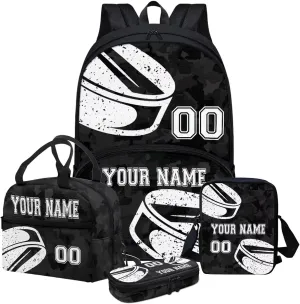 Bulopur 4PCS Kids Customized Hockey School Bags Set, Black Camo Travel Daypack Carry on Backpack Knapsack Lunch Bag Shoulder Crossbody Handbags Pen Bag for Purse Card Wallet