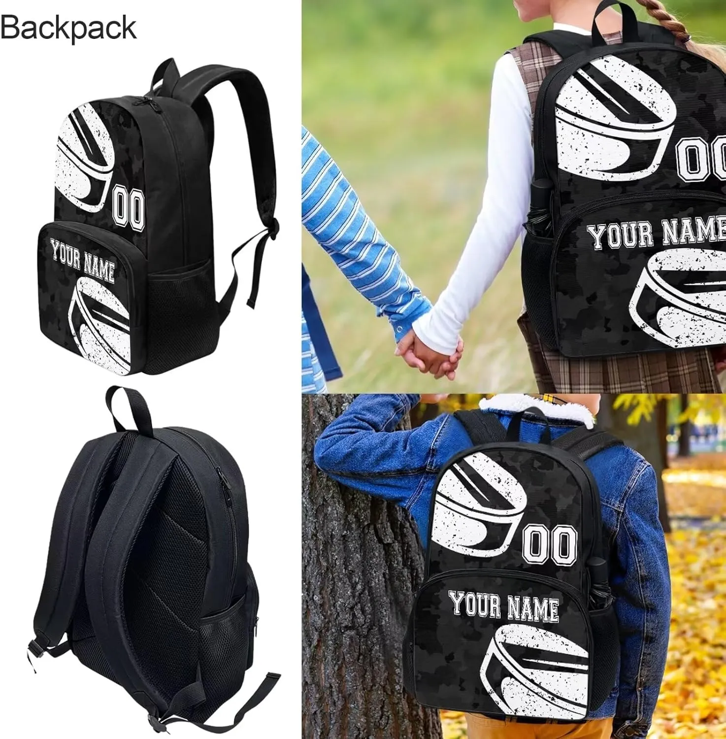 Bulopur 4PCS Kids Customized Hockey School Bags Set, Black Camo Travel Daypack Carry on Backpack Knapsack Lunch Bag Shoulder Crossbody Handbags Pen Bag for Purse Card Wallet