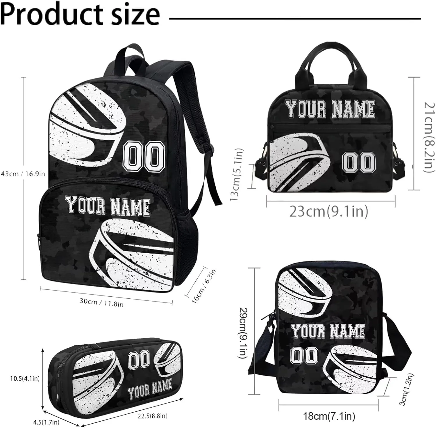 Bulopur 4PCS Kids Customized Hockey School Bags Set, Black Camo Travel Daypack Carry on Backpack Knapsack Lunch Bag Shoulder Crossbody Handbags Pen Bag for Purse Card Wallet
