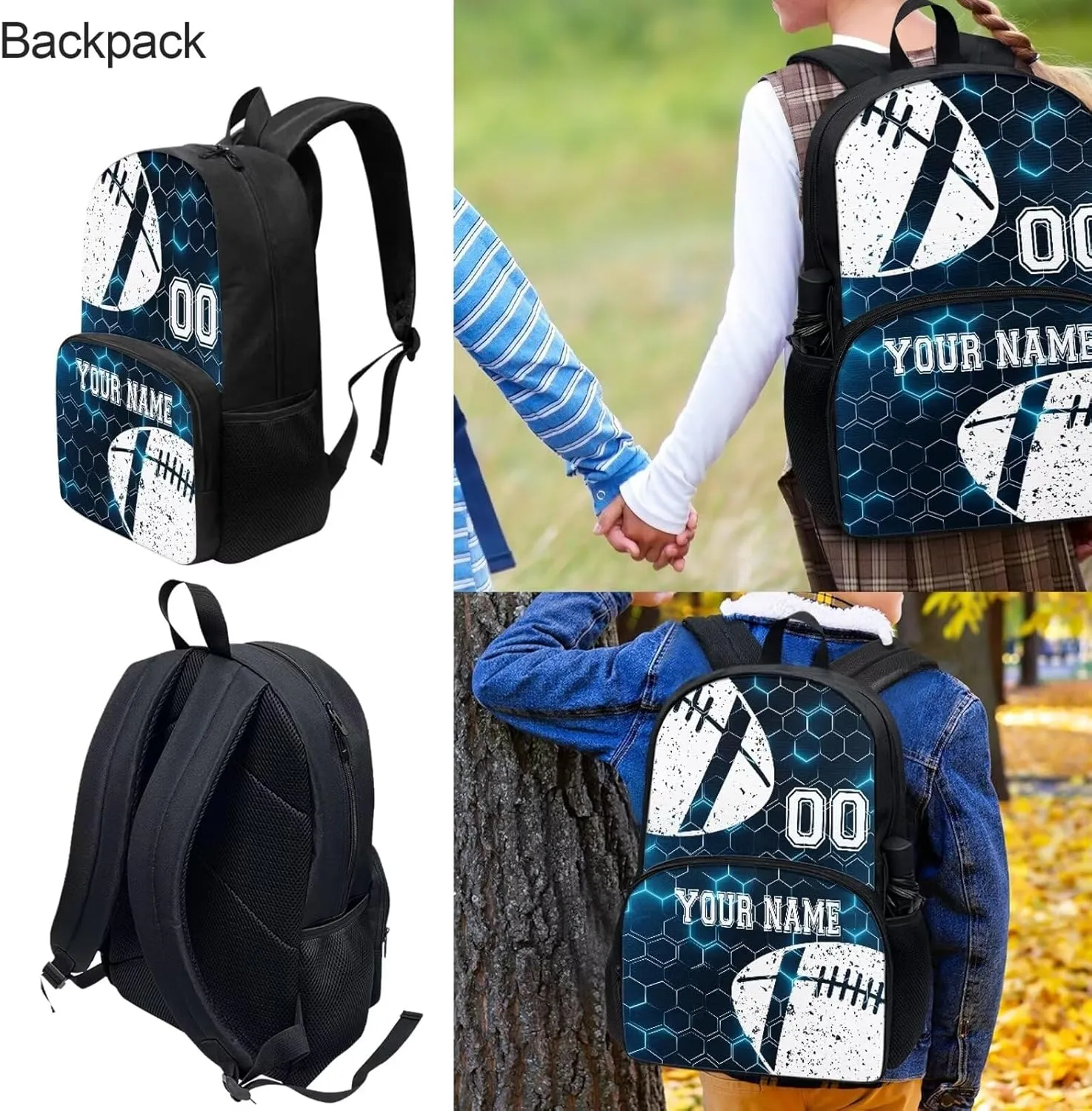 Bulopur Rugby Design Custom Backpack Set for Kids Boys, Blue Gradient Hexagonal Grid Bookbag Shoulder Bag Schoolbag Lunch Box Shoulder Crossbody Pencil Bag for Back to School, 4 Pack