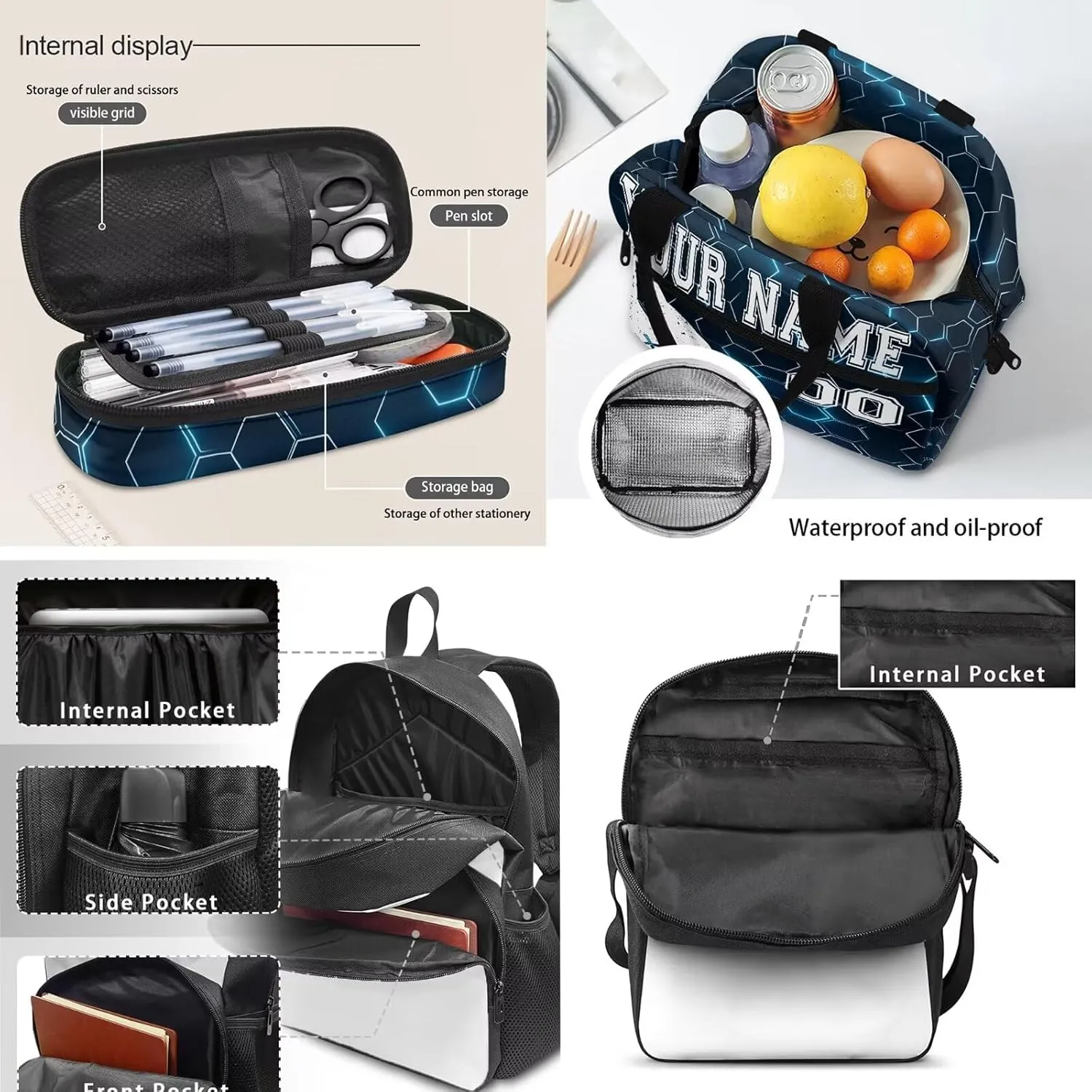 Bulopur Rugby Design Custom Backpack Set for Kids Boys, Blue Gradient Hexagonal Grid Bookbag Shoulder Bag Schoolbag Lunch Box Shoulder Crossbody Pencil Bag for Back to School, 4 Pack