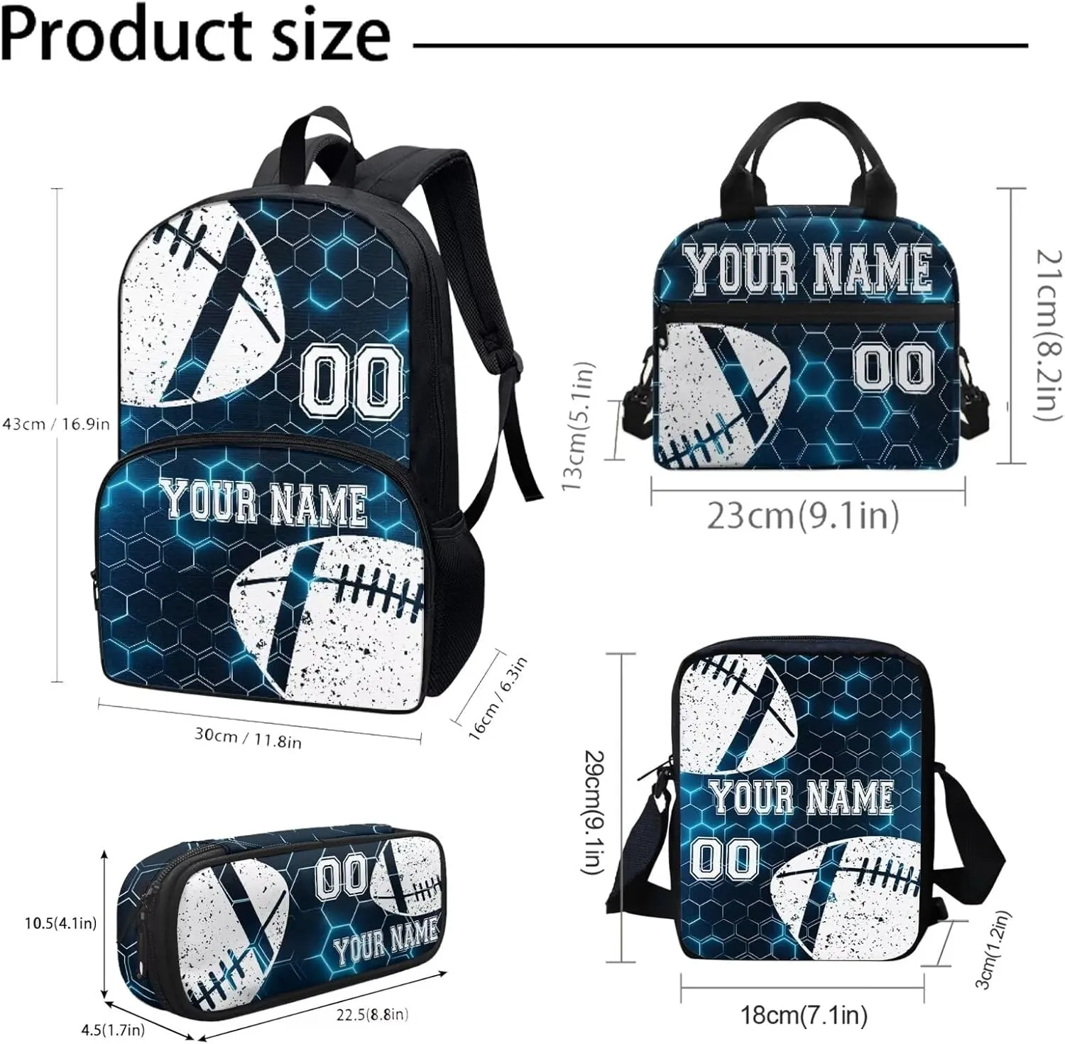 Bulopur Rugby Design Custom Backpack Set for Kids Boys, Blue Gradient Hexagonal Grid Bookbag Shoulder Bag Schoolbag Lunch Box Shoulder Crossbody Pencil Bag for Back to School, 4 Pack